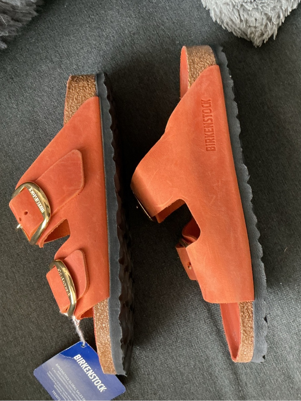 Birkenstock Orange Two-Strap Sandals with Gold Buckles - Picture 3 of 6